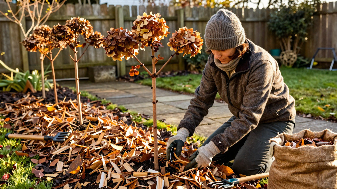 Pessoa com gorro e luvas a recolher folhas secas num jardim ao lado de arbustos com flores castanhas.
