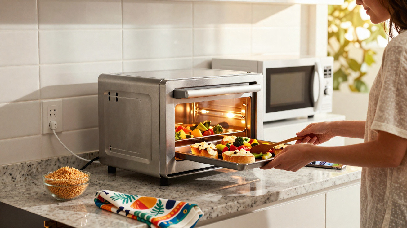 Pessoa a colocar um tabuleiro com comida num mini forno elétrico numa cozinha moderna.