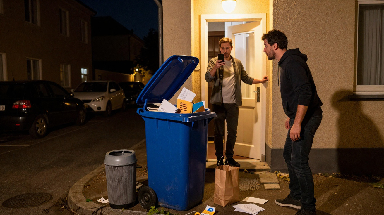 Dois homens junto a um contentor azul cheio de papéis, numa rua à noite com carros estacionados.