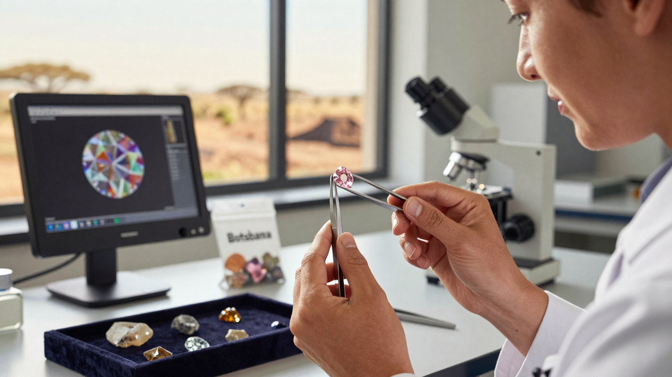 Pessoa a analisar uma pedra preciosa cor-de-rosa com pinças num laboratório com computador e microscópio.