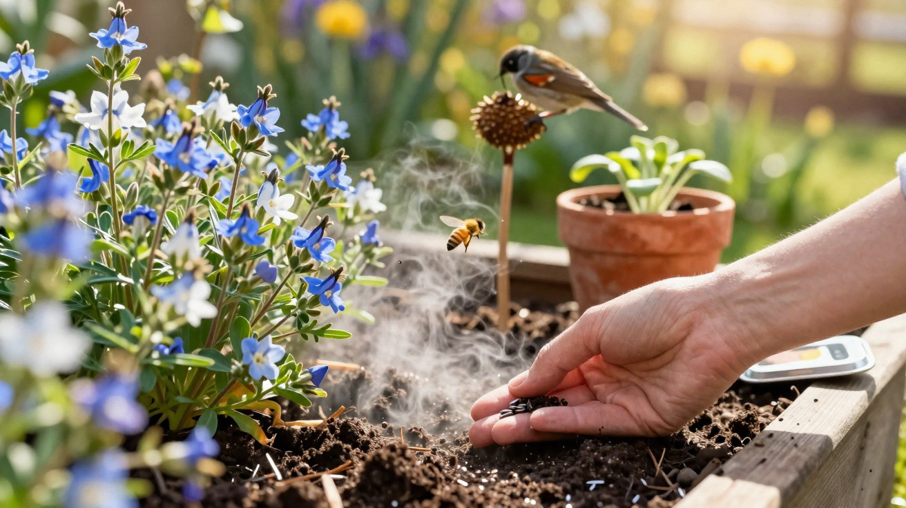 Mão a semear sementes no solo de canteiro com flores azuis, abelha em voo e pássaro pousado.