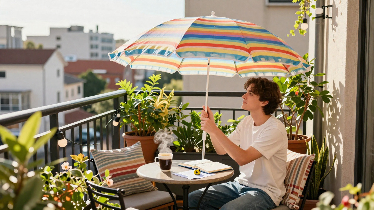 Jovem sentado numa varanda com plantas, segurando um guarda-sol colorido junto a mesa com café e caderno.