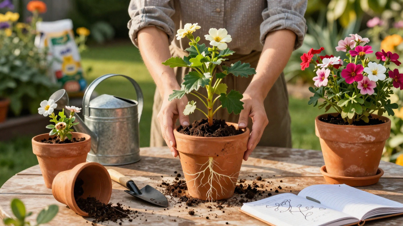 Pessoa a plantar flores brancas em vaso de barro numa mesa de madeira no jardim, com regador e caderno.