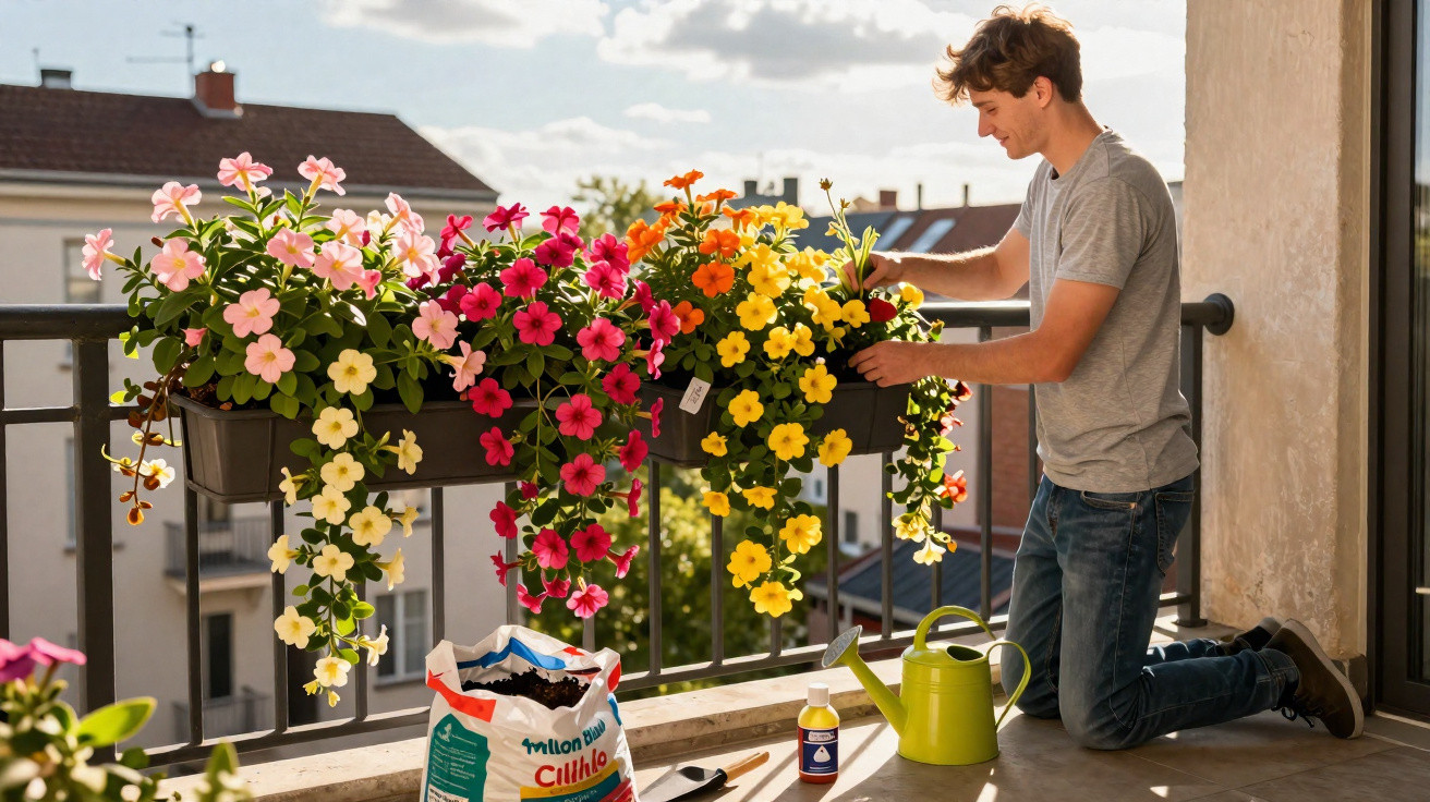 Jovem a cuidar de flores coloridas em vasos pendurados na varanda de um apartamento urbano.