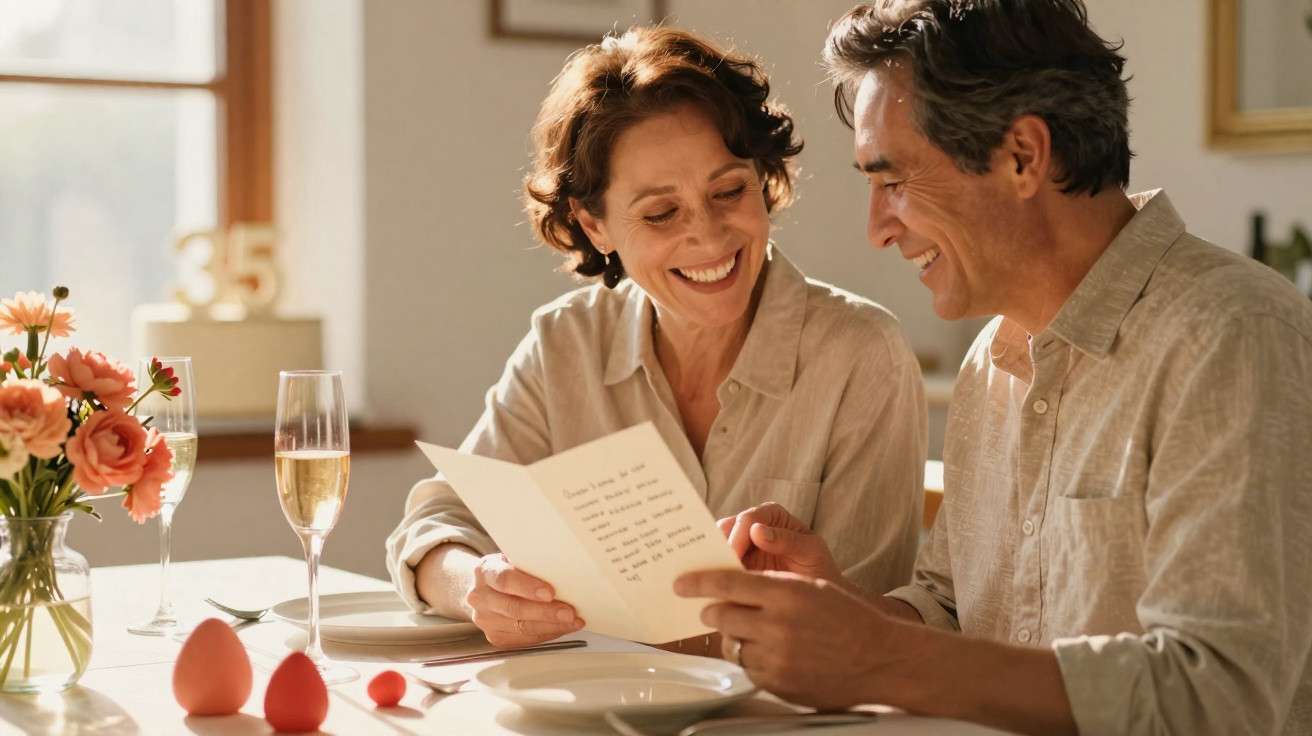 Casal sorridente a ler cartão de aniversário durante jantar com flores e champanhe na mesa.