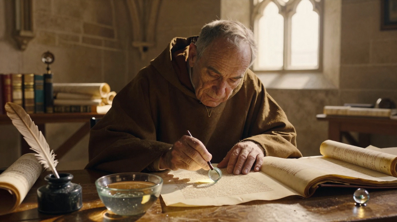 Homem idoso em hábito de monge examinando manuscritos antigos com lupa numa mesa de madeira iluminada.