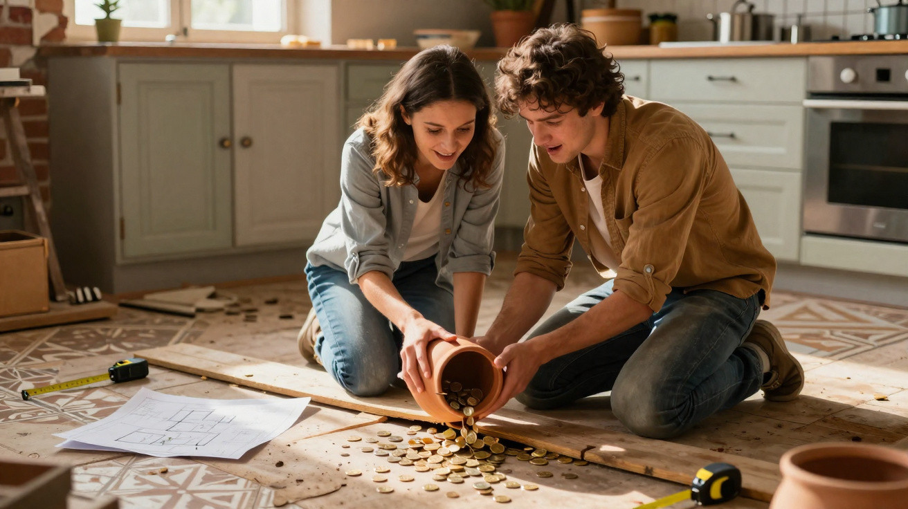 Casal jovem ajoelhado no chão de casa a ver moedas a sair de um vaso de barro em ambiente de renovação.