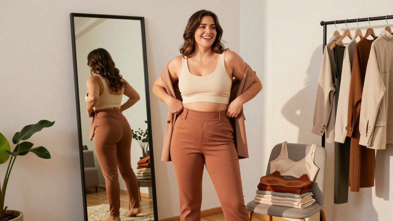 Mulher sorridente a vestir calças castanhas e top creme, em frente a espelho, num quarto com roupa pendurada e cadeira.