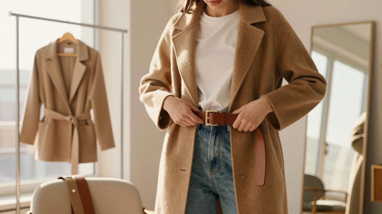 Mulher a vestir casaco camel e jeans, a ajustar cinto castanho numa sala com casaco igual pendurado ao fundo.