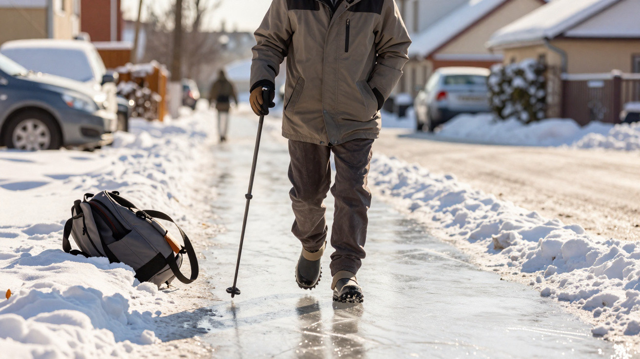 Pessoa a caminhar com bastão numa rua congelada coberta de neve, com mochila no chão ao lado.