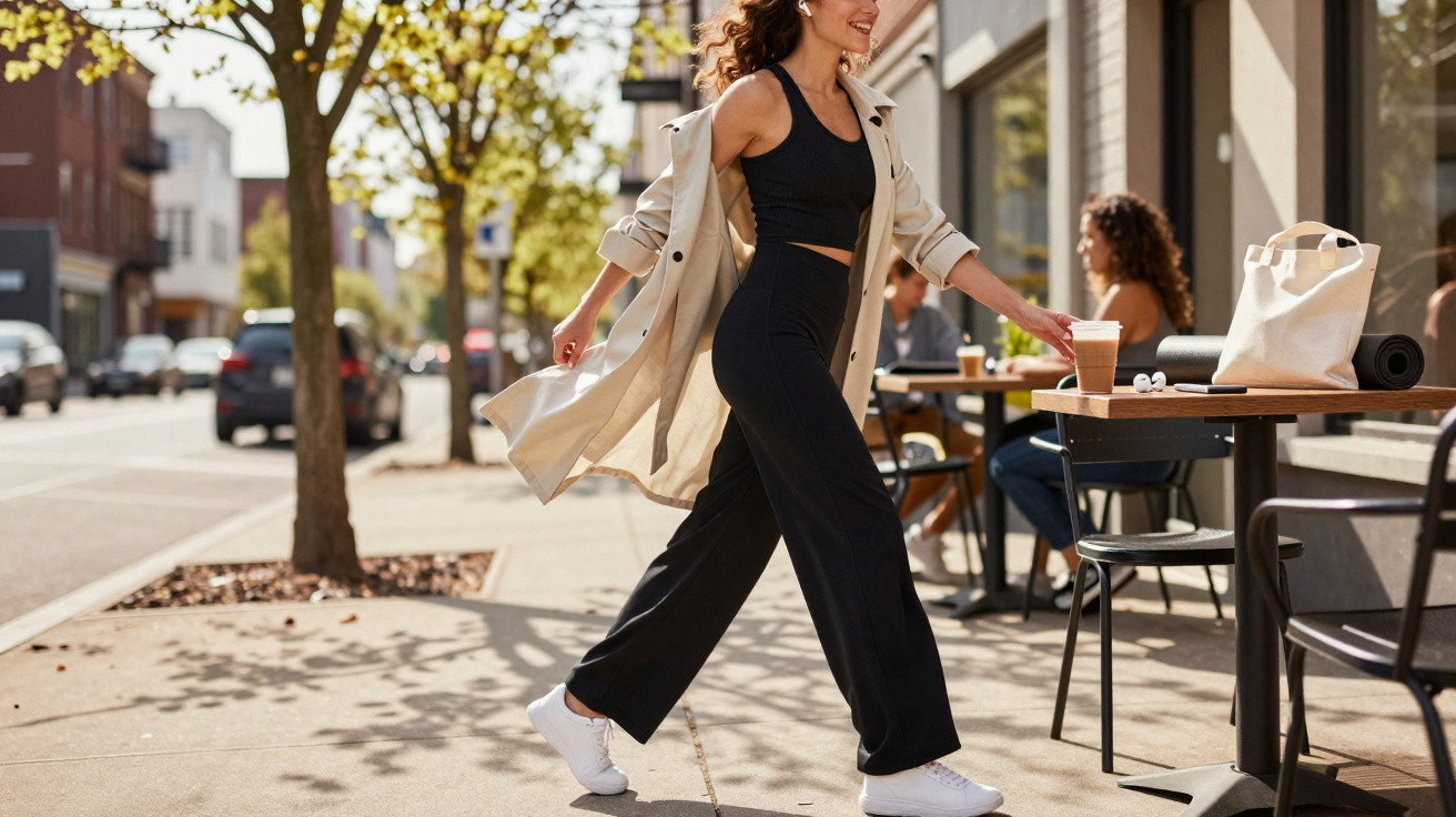 Mulher sorridente a caminhar na calçada junto a uma esplanada, segurando um café para viagem.