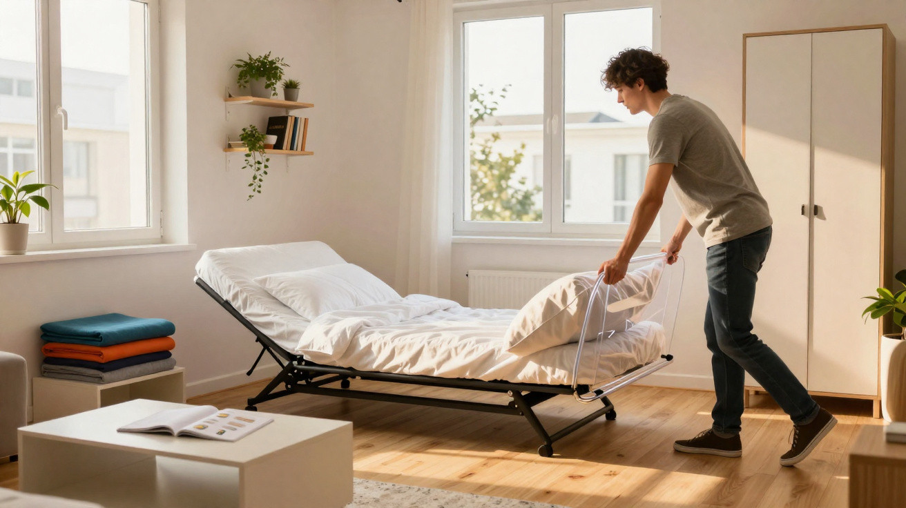 Homem a arrumar almofada numa cama desdobrável num quarto luminoso com móveis claros e plantas.