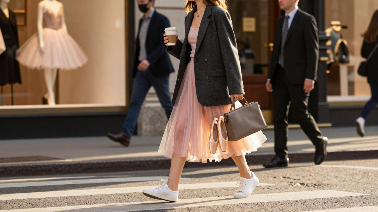 Mulher a atravessar a rua com saia rosa fluida, blazer cinzento, ténis brancos, e café numa mão.