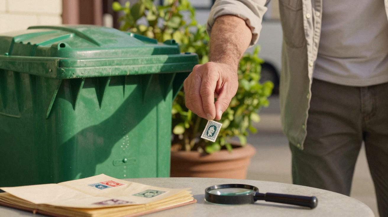 Pessoa segurando um selo postal verde próximo a um álbum de selos e lupa numa mesa ao ar livre.