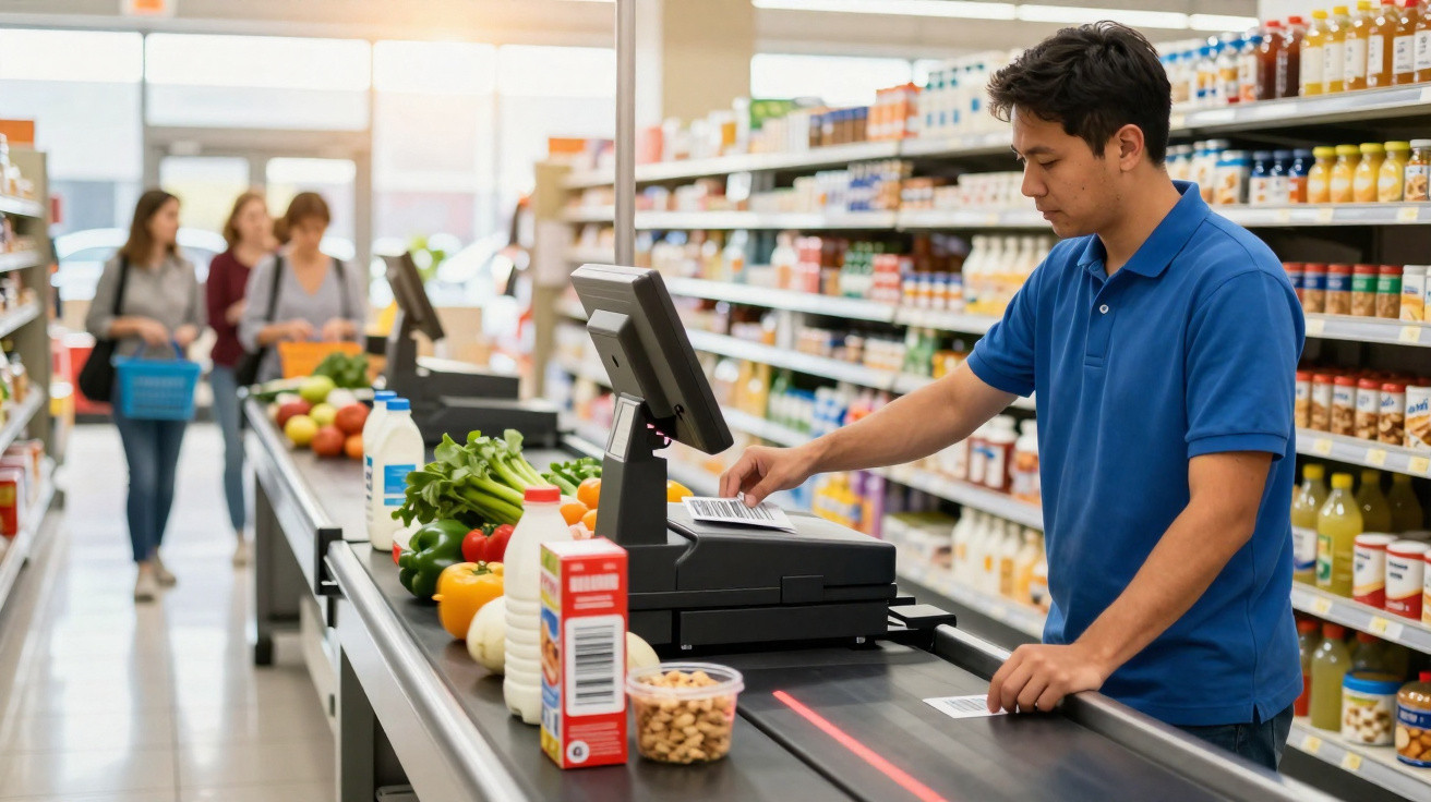 Funcionário de supermercado a passar código de barras de produto na caixa com clientes ao fundo.
