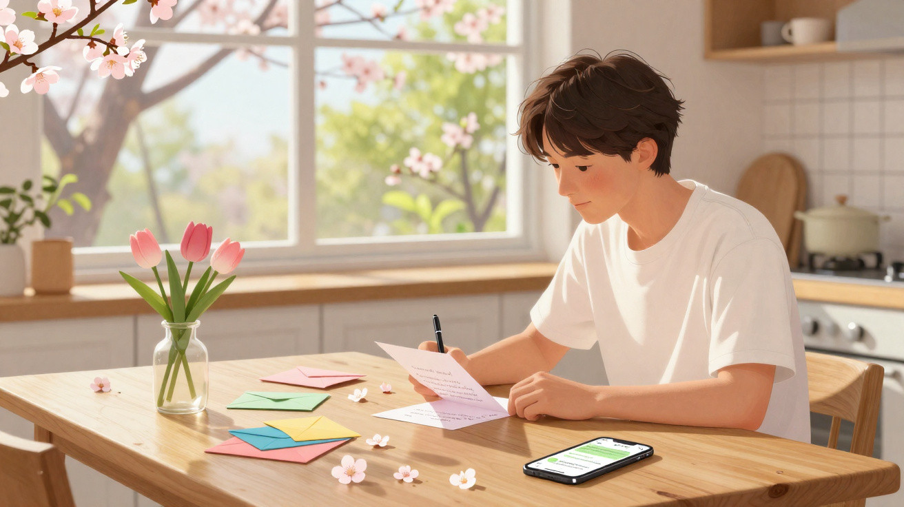 Rapaz a escrever cartas numa mesa de madeira com flores, envelopes coloridos e telemóvel numa cozinha iluminada.
