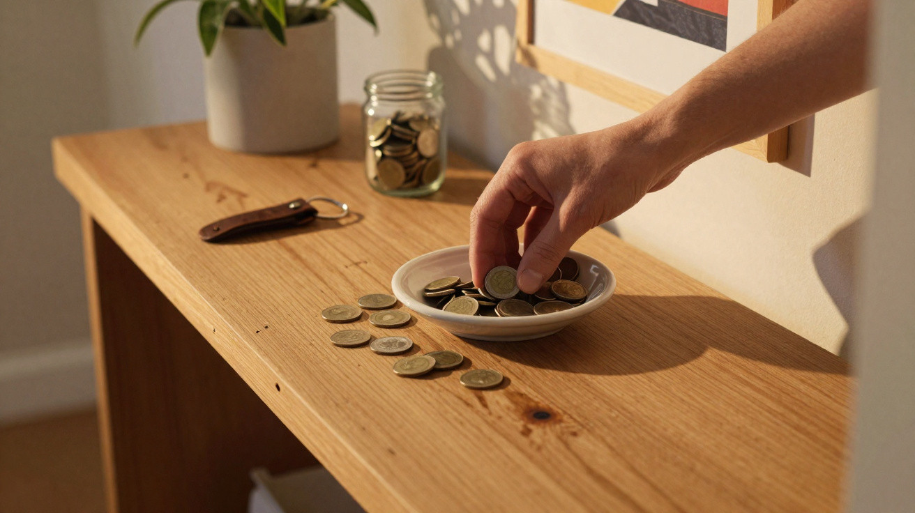 Mão a recolher moedas de um prato numa mesa de madeira com chaveiro e jarro ao fundo.
