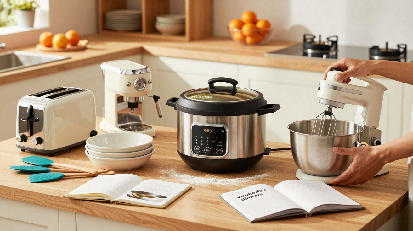 Bancada de cozinha com utensílios, incluindo batedeira, robot de cozinha, torradeira e máquina de café, com livros abertos.