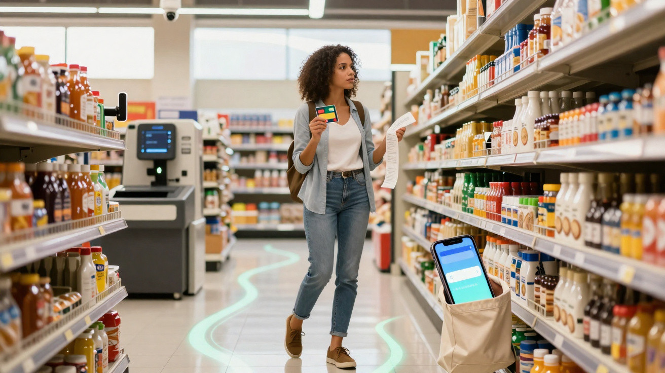 Mulher jovem com mochila a fazer compras em supermercado, segura lista e cartão de crédito.