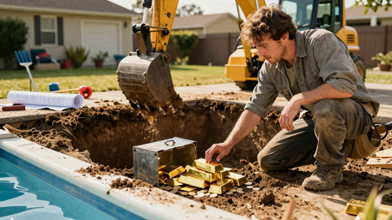 Homem junto a escavadora desenterra caixa com barras de ouro e moedas junto a piscina num jardim.