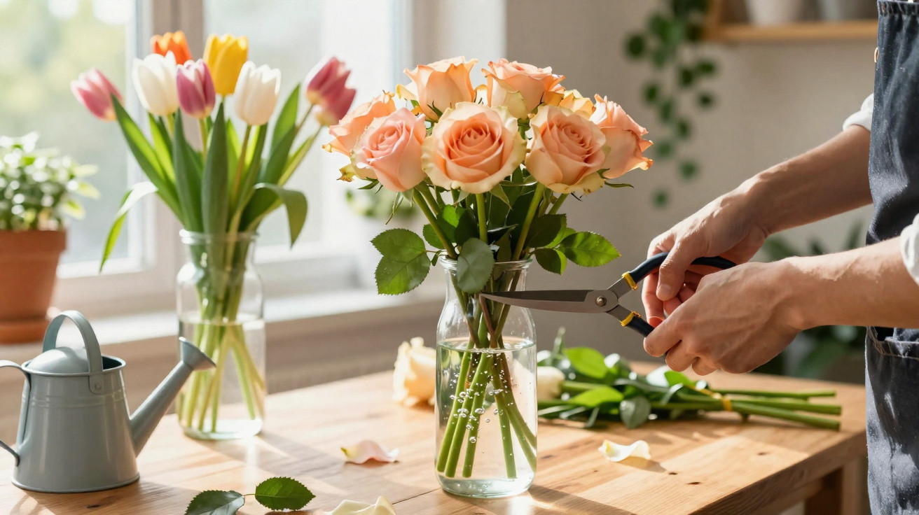 Pessoa a cortar flores cor de pêssego num vaso com tesoura, com vasos de tulipas na janela e regador ao lado.
