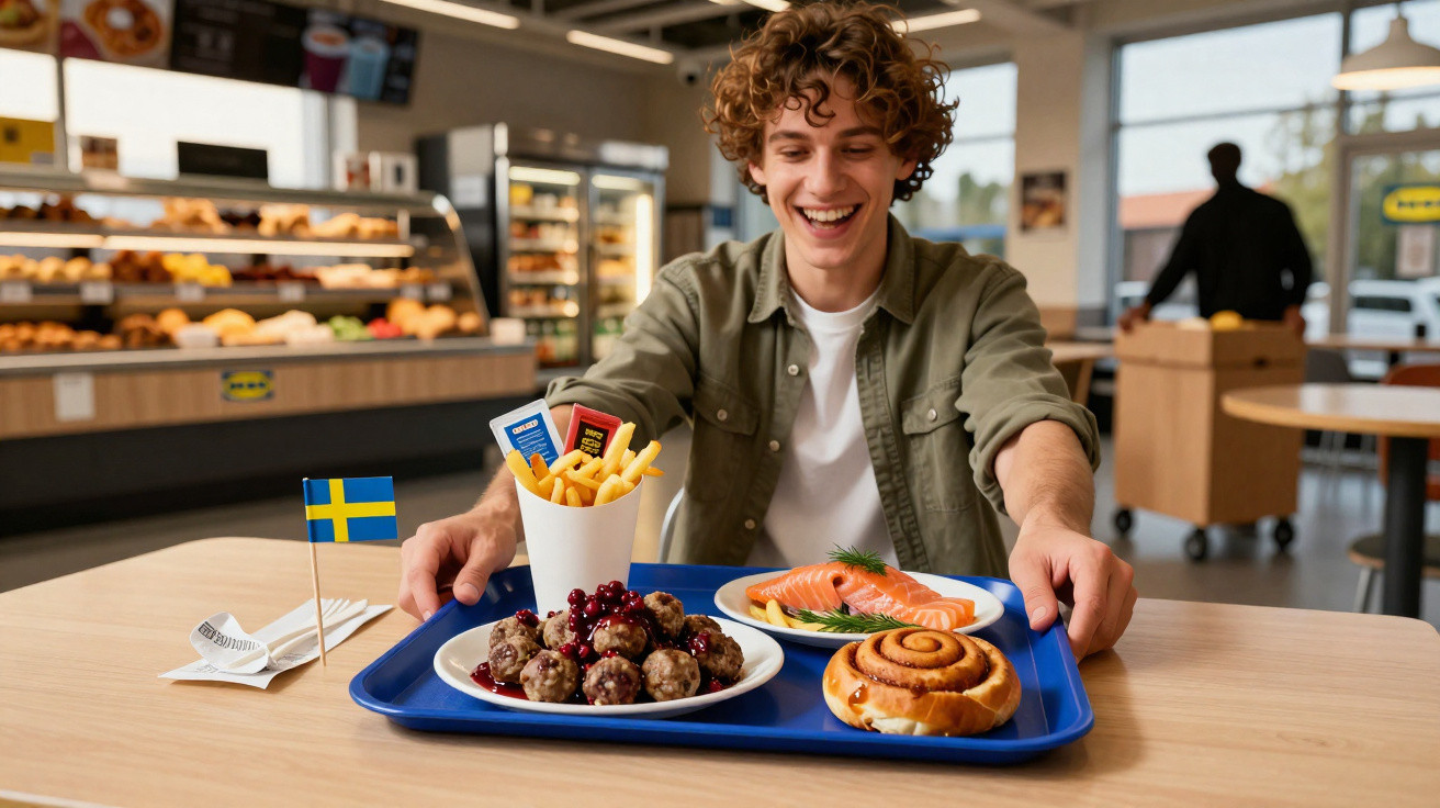 Jovem sorridente com bandeira da Suécia numa bandeja com almôndegas, batatas fritas, salmão e um pão doce.