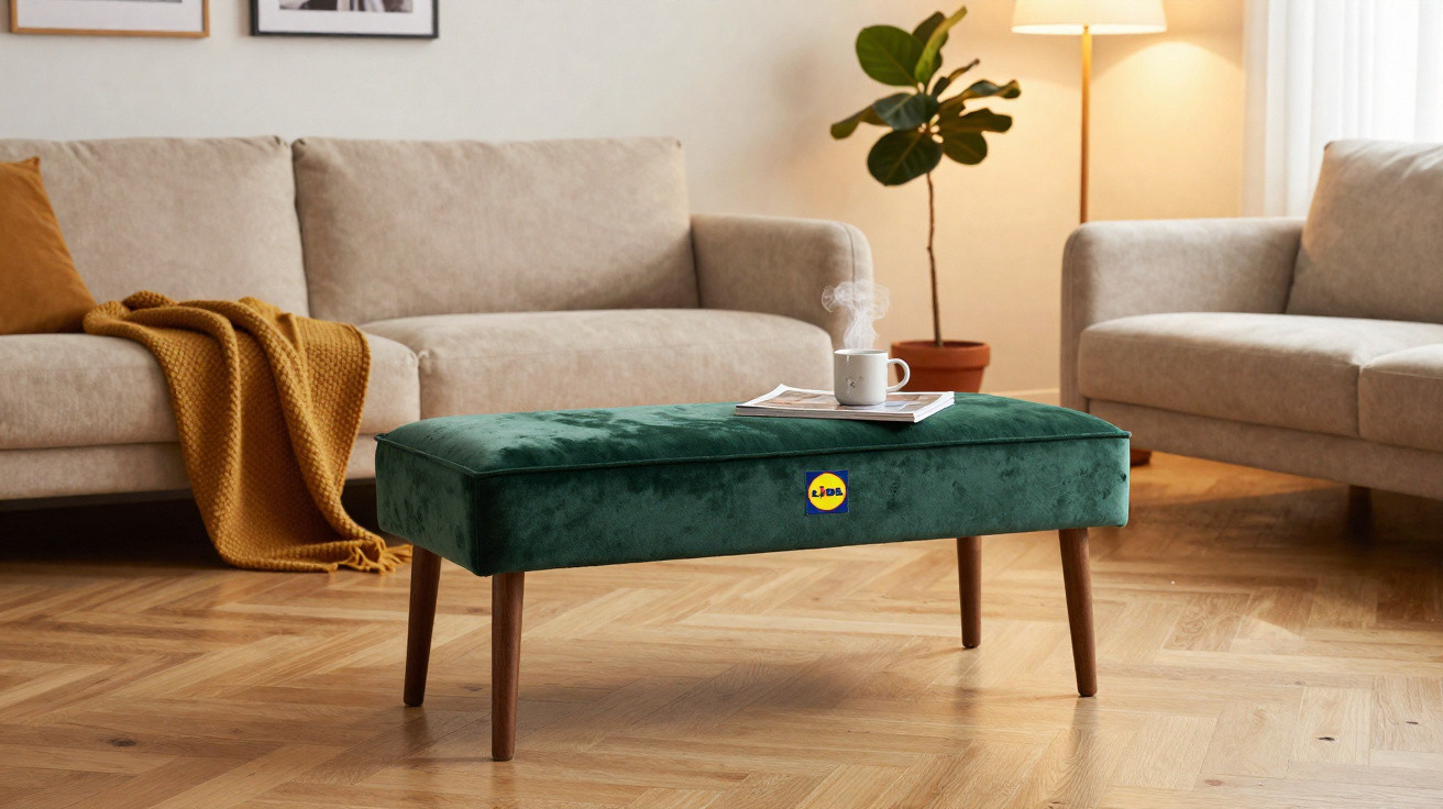 Sala de estar com sofá bege, manta castanha, mesa de centro verde com chávena fumegante e planta.