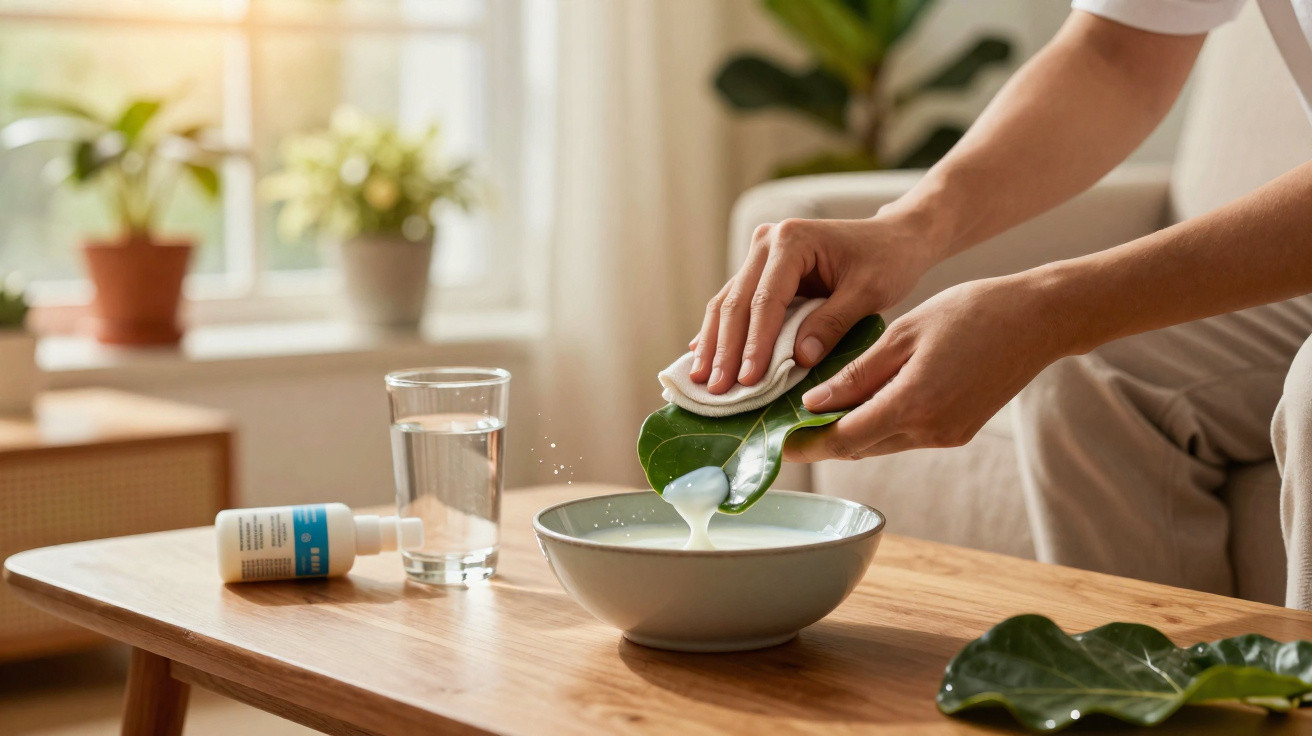 Mãos a espremer suco branco de folha verde sobre uma taça numa mesa de madeira com copo de água e frasco.