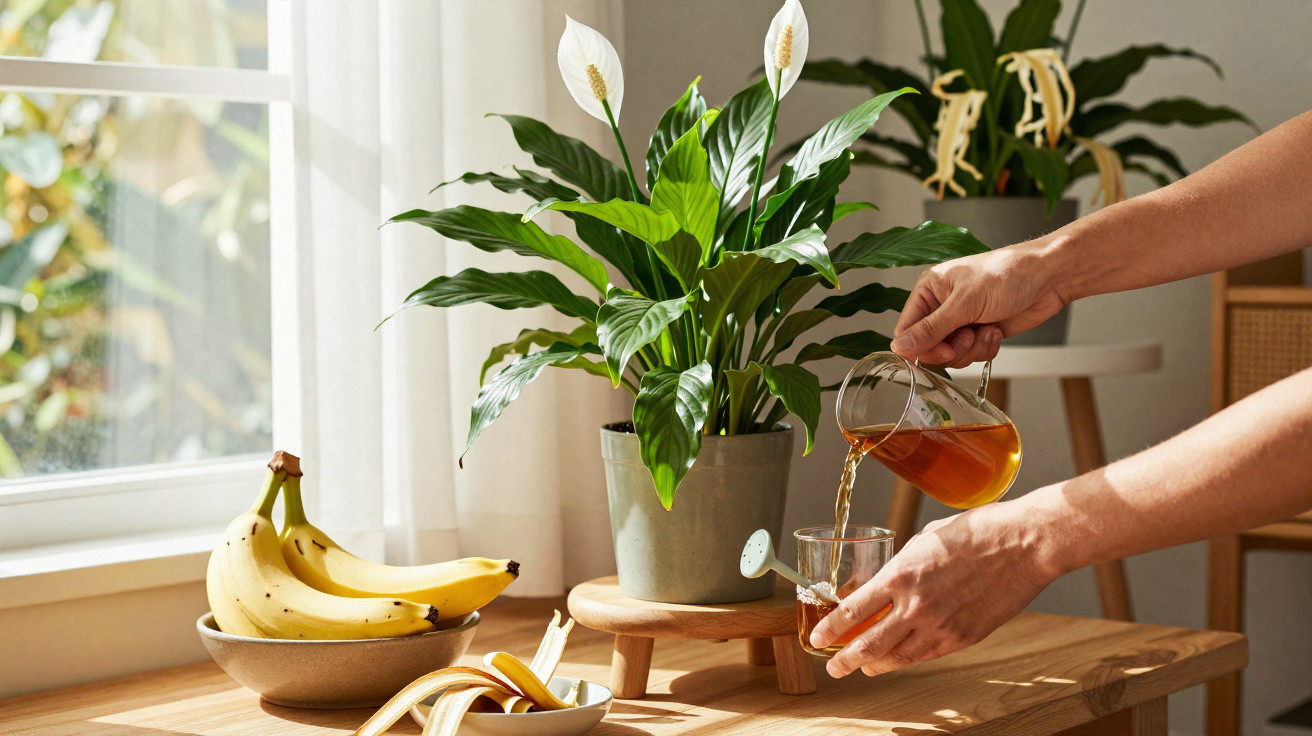 Mãos a servir chá numa chávena junto a plantas em vaso e cacho de bananas num prato numa mesa de madeira.