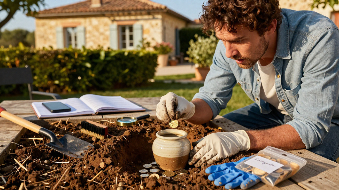 Homem a desenterrar moedas num vaso de cerâmica num jardim com ferramentas de escavação e caderno ao lado.