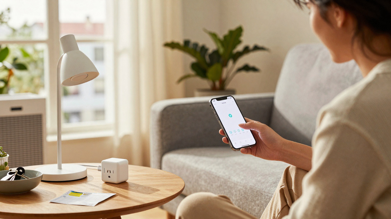 Pessoa a controlar lâmpada inteligente através de smartphone numa sala de estar luminosa e moderna.