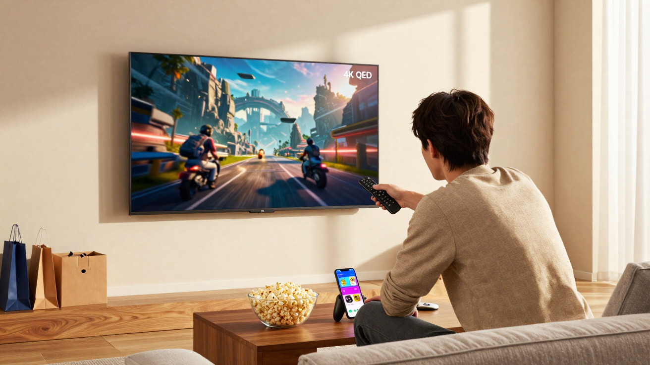 Homem sentado no sofá controla jogo de motos numa televisão 4K QED na sala.