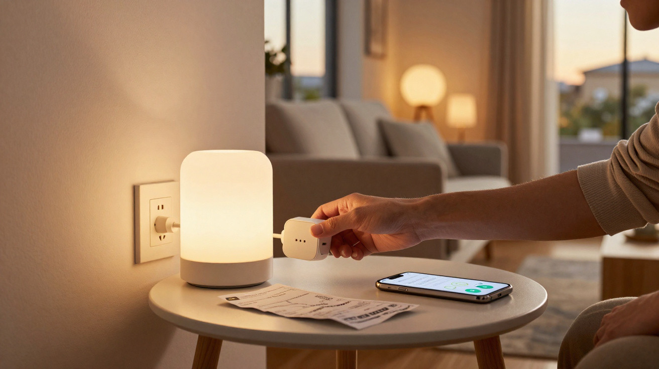 Pessoa a controlar uma luz de mesa inteligente com um comando num ambiente interior acolhedor.