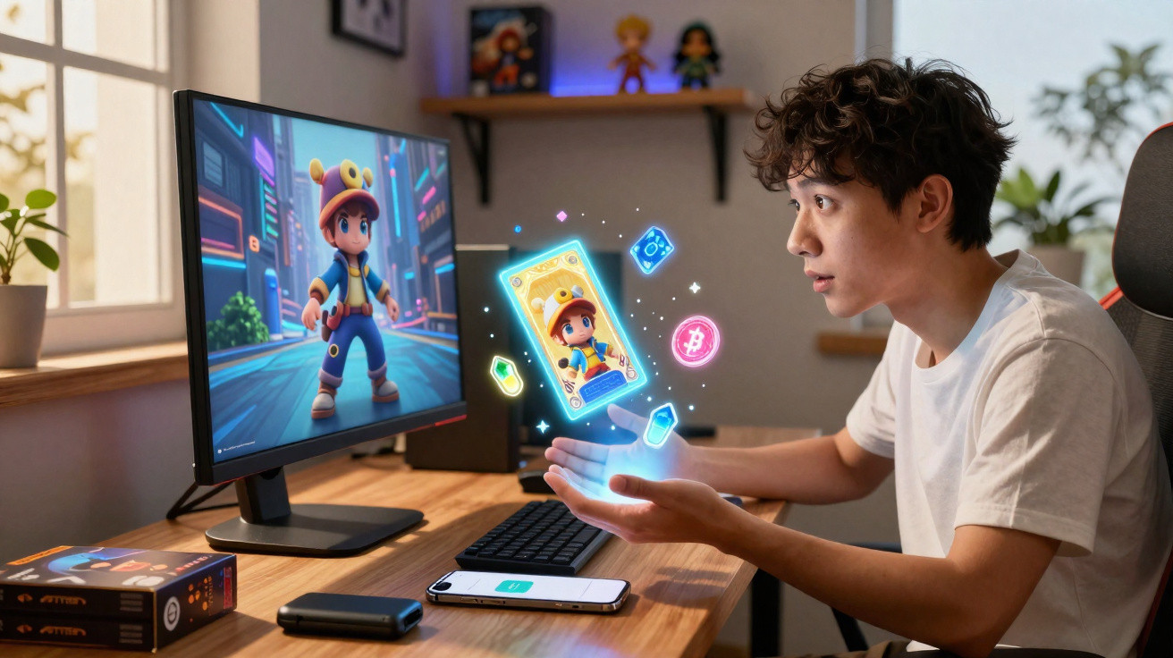 Jovem a interagir com videojogo de cartas digitais holográficas em computador numa mesa de madeira.