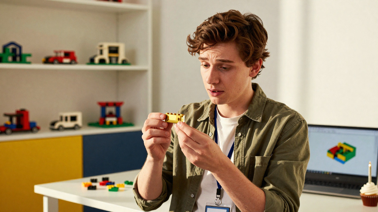 Jovem a segurar e montar peça amarela de Lego, com computador e mais Legos ao fundo.