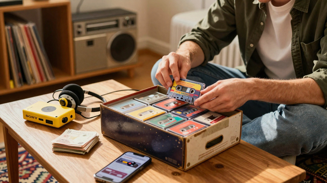 Pessoa a escolher uma cassete numa caixa cheia de cassetes coloridas, rádio antigo e auriculares Sony numa mesa.