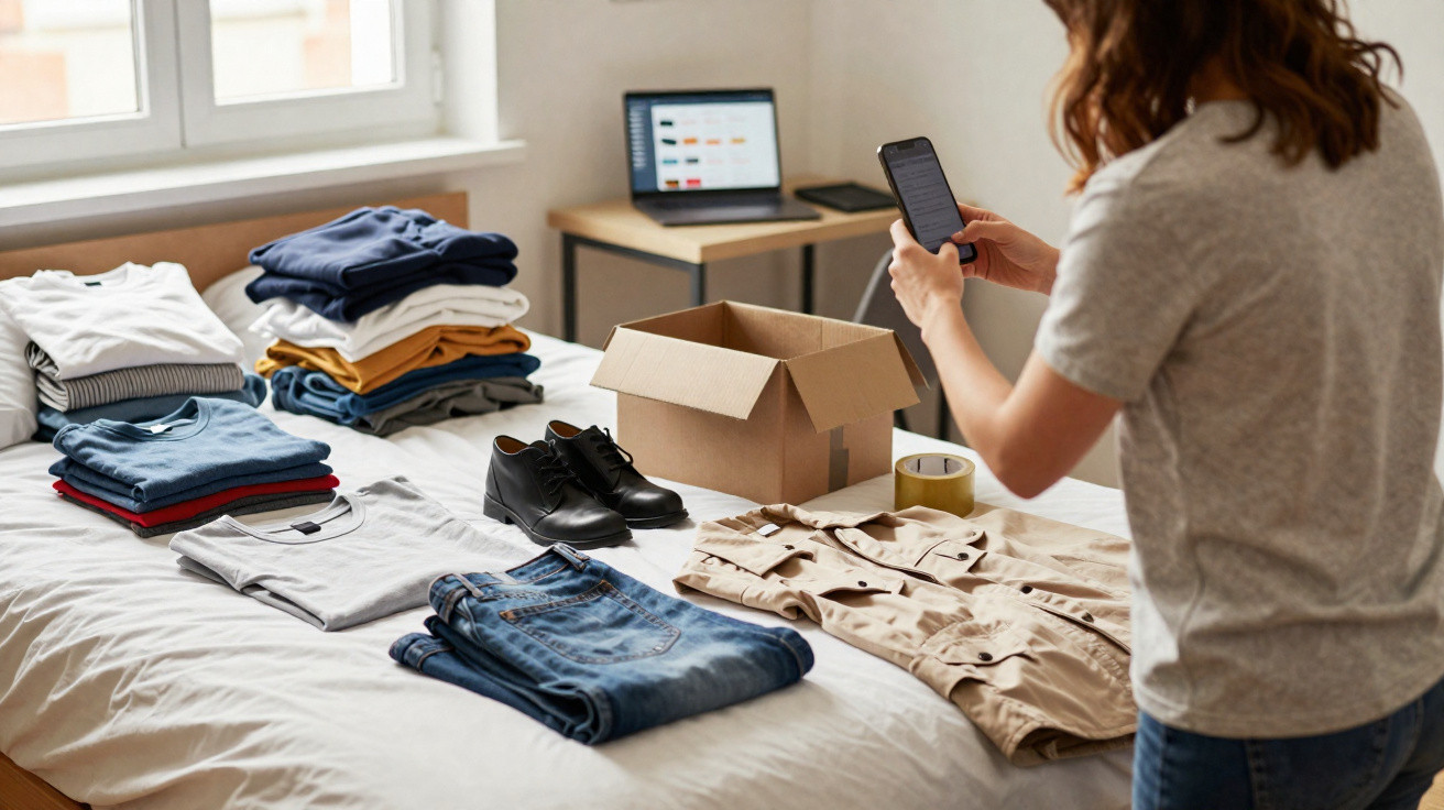 Pessoa a tirar fotografia a roupa dobrada numa cama para venda online com computador ao fundo.