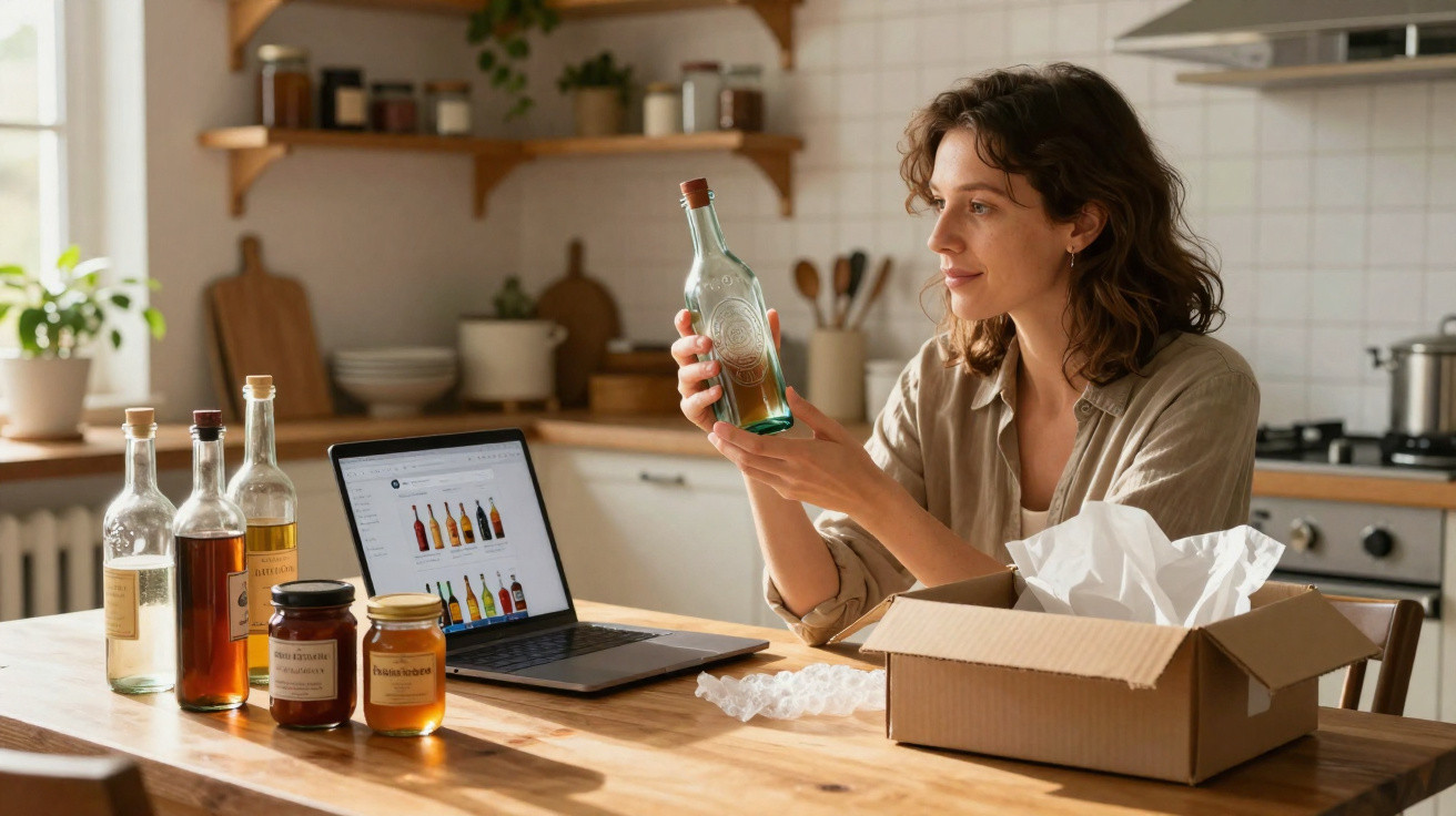 Mulher a embalar garrafa para envio, com portátil aberto a mostrar produtos, em cozinha luminosa e arrumada.