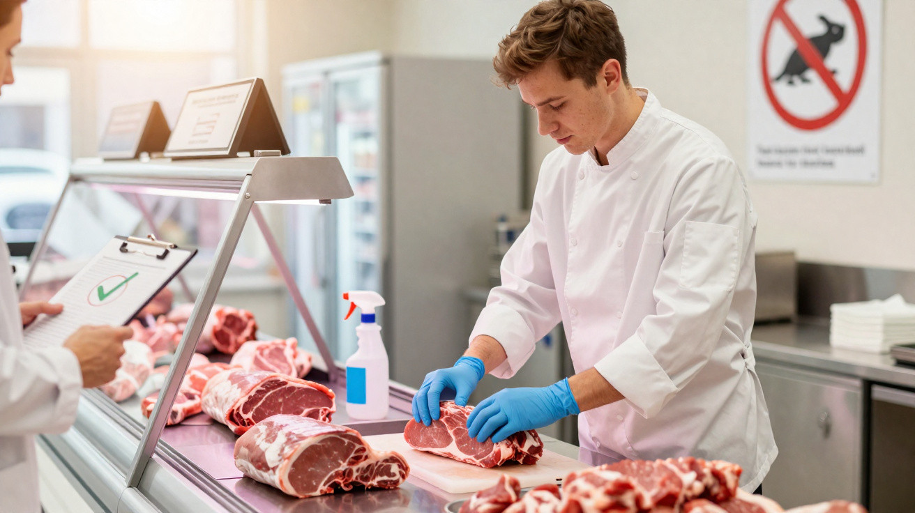 Talhante com uniforme branco e luvas azuis a cortar carne numa mesa de inox numa talho.