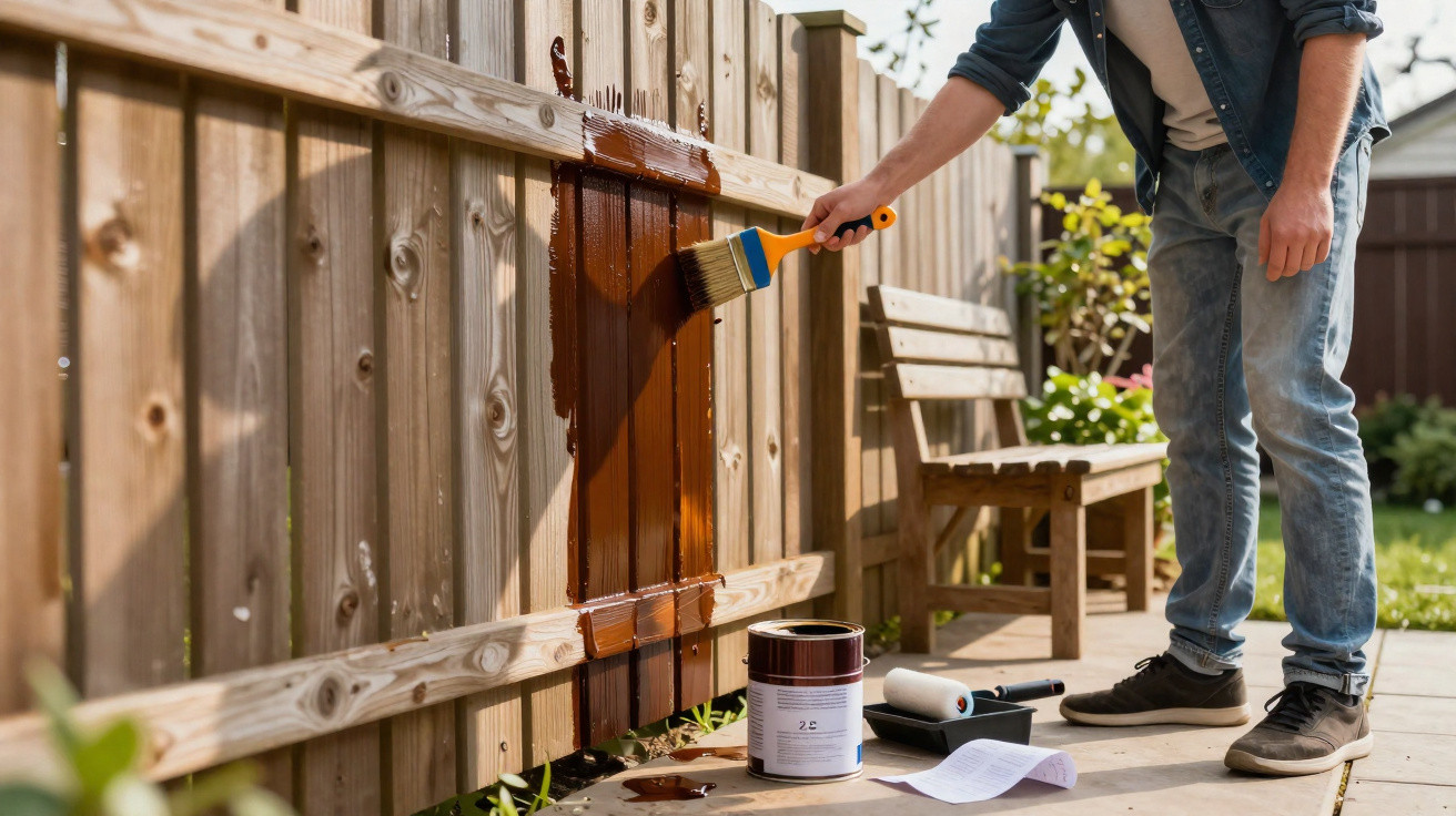 Pessoa a pintar vedação de madeira com tinta castanha num jardim ao ar livre.