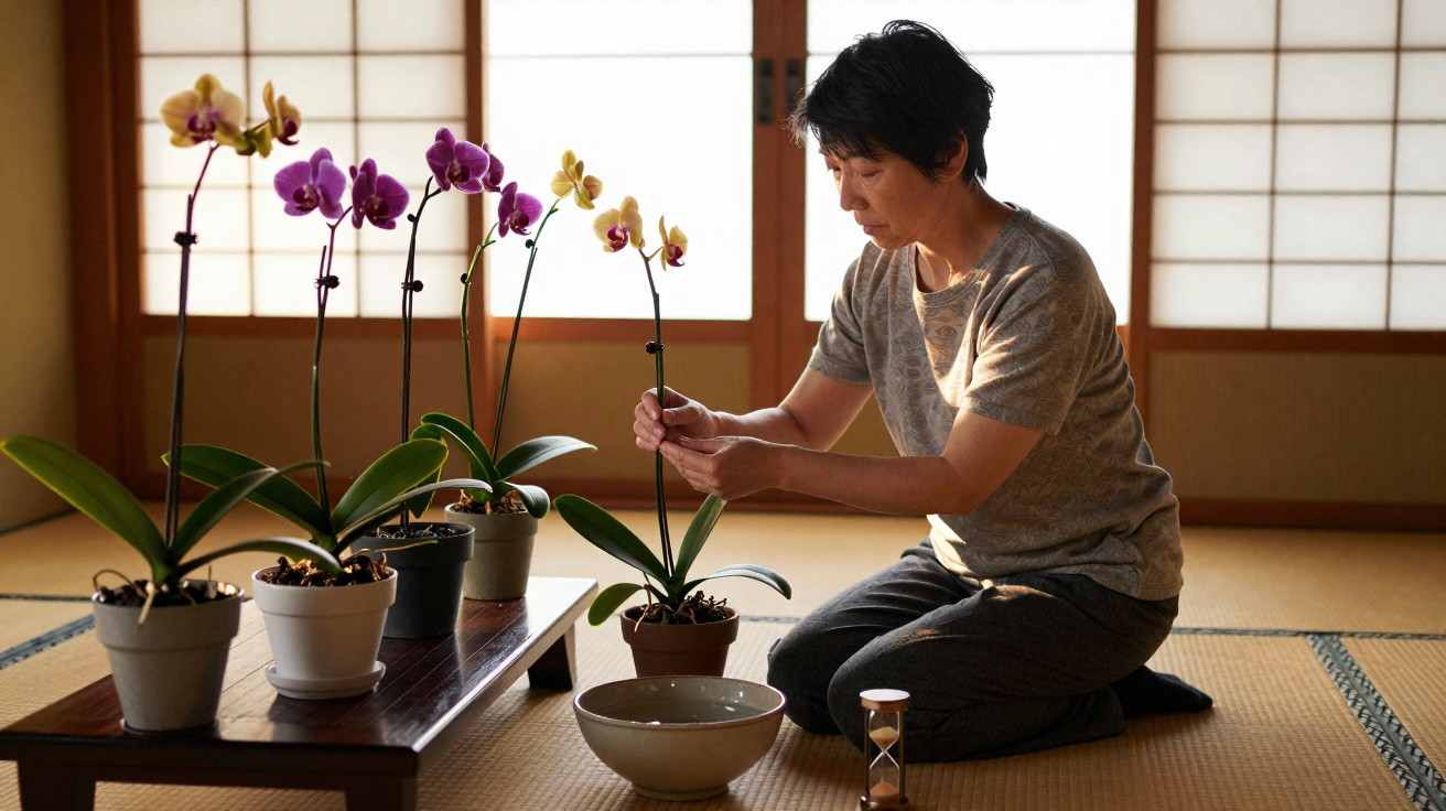 Pessoa a cuidar de orquídeas no chão de sala tradicional japonesa com tatami e portas de papel shōji.