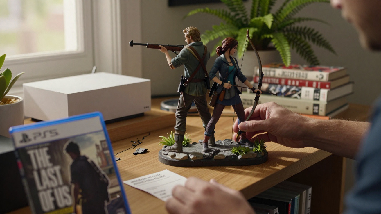 Figura de ação de personagens de The Last of Us numa secretária de madeira.