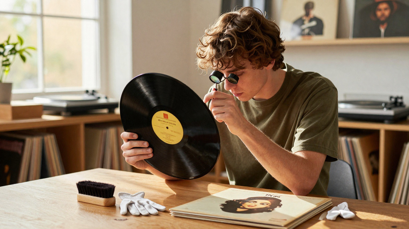 Jovem examina disco de vinil com lupa, sentado à mesa com luvas e escova para limpeza.
