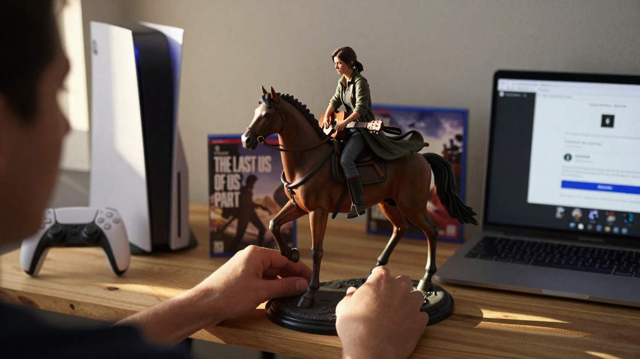 Pessoa a segurar uma figura de ação de personagem a cavalo numa mesa com consola, comando e computador portátil.