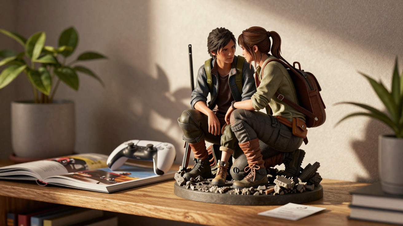 Figuras detalhadas de dois personagens sentados juntos numa base com destroços, sobre uma mesa de madeira com plantas e livro