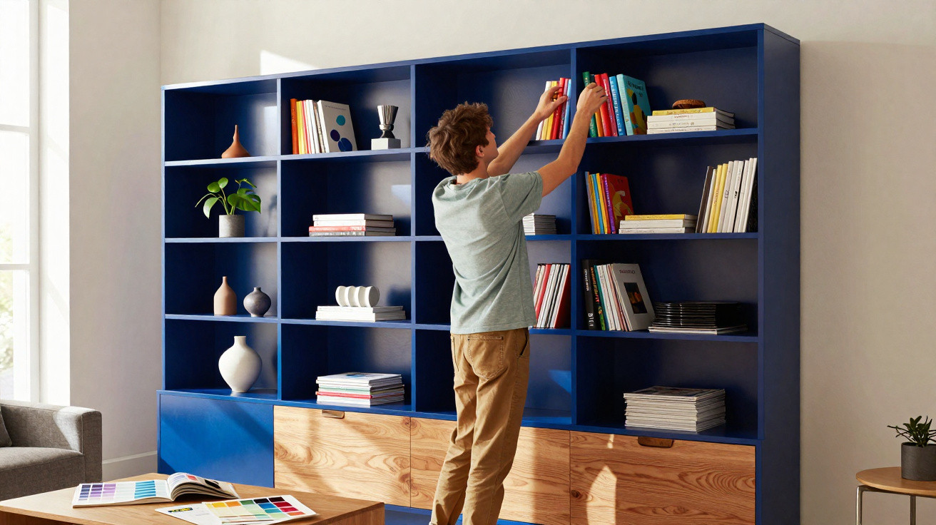 Pessoa a arrumar livros numa estante azul com gavetas de madeira numa sala luminosa e moderna.