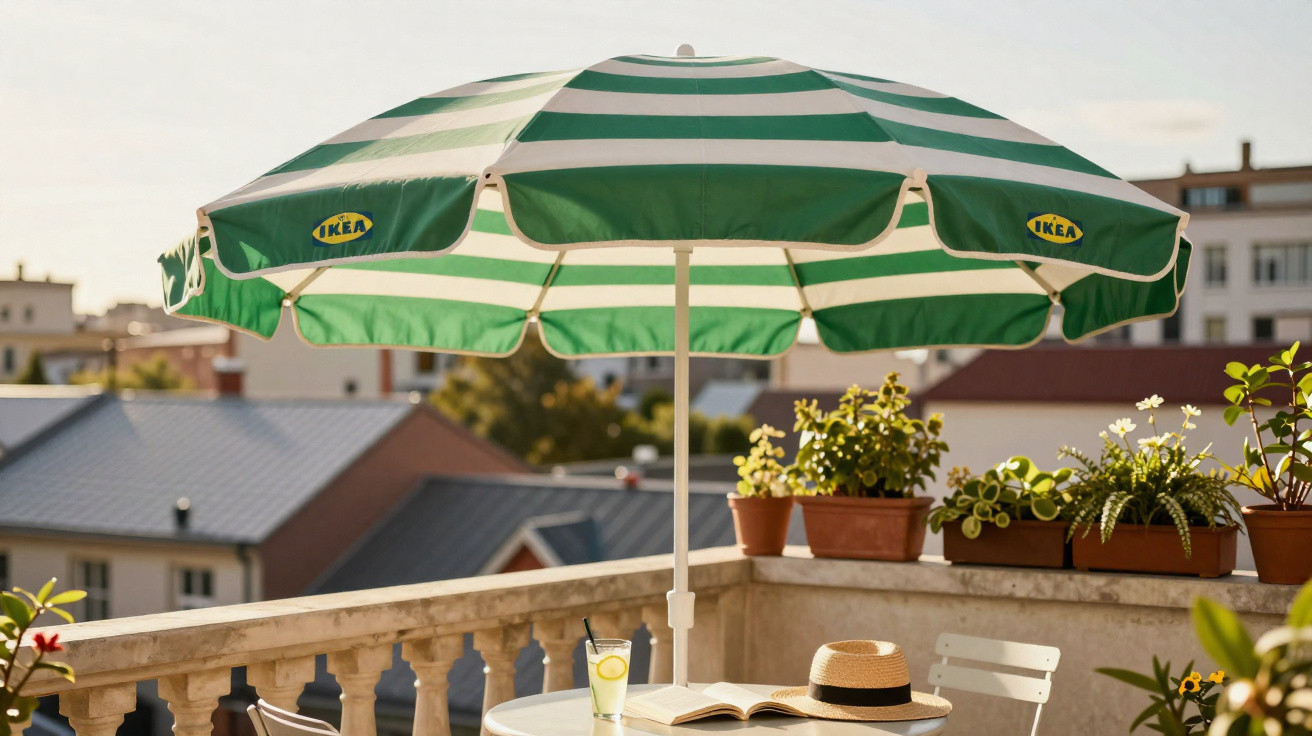 Guarda-sol verde e branco da IKEA numa varanda com mesa, chapéu, livro, bebida e vasos de plantas.