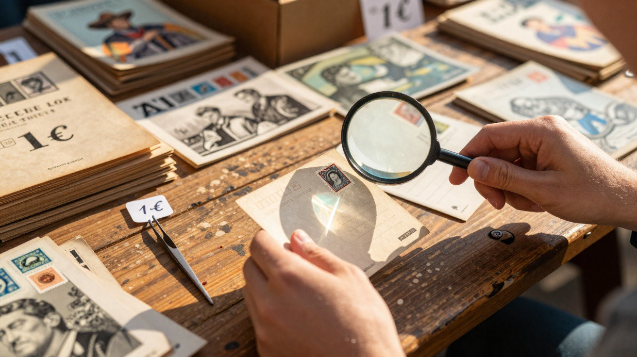 Pessoa a examinar selo antigo numa carta com lupa numa mesa de madeira com outras cartas e selos à venda.