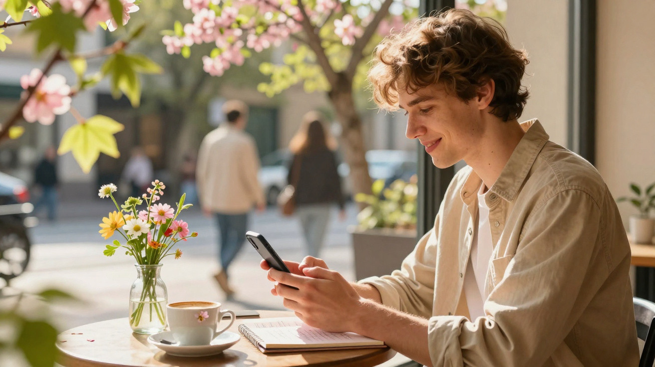 Jovem sentado numa cafeteria ao ar livre, sorrindo enquanto usa o telemóvel, com flores e café na mesa.
