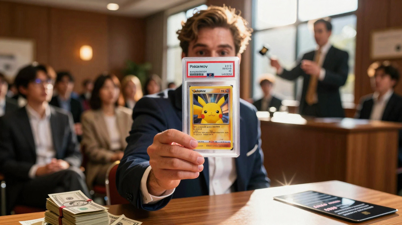Homem mostra carta rara de Pikachu em leilão com montes de dinheiro e público ao fundo.